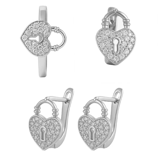 Locked in Love Set – Heart & Lock Pendant, Ring & Earrings in 925 Silver