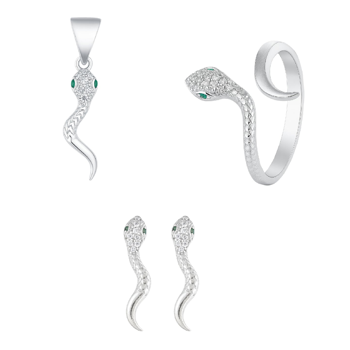 Serpent Charm Set – Snake-Inspired Pendant, Ring & Earrings in 925 Silver