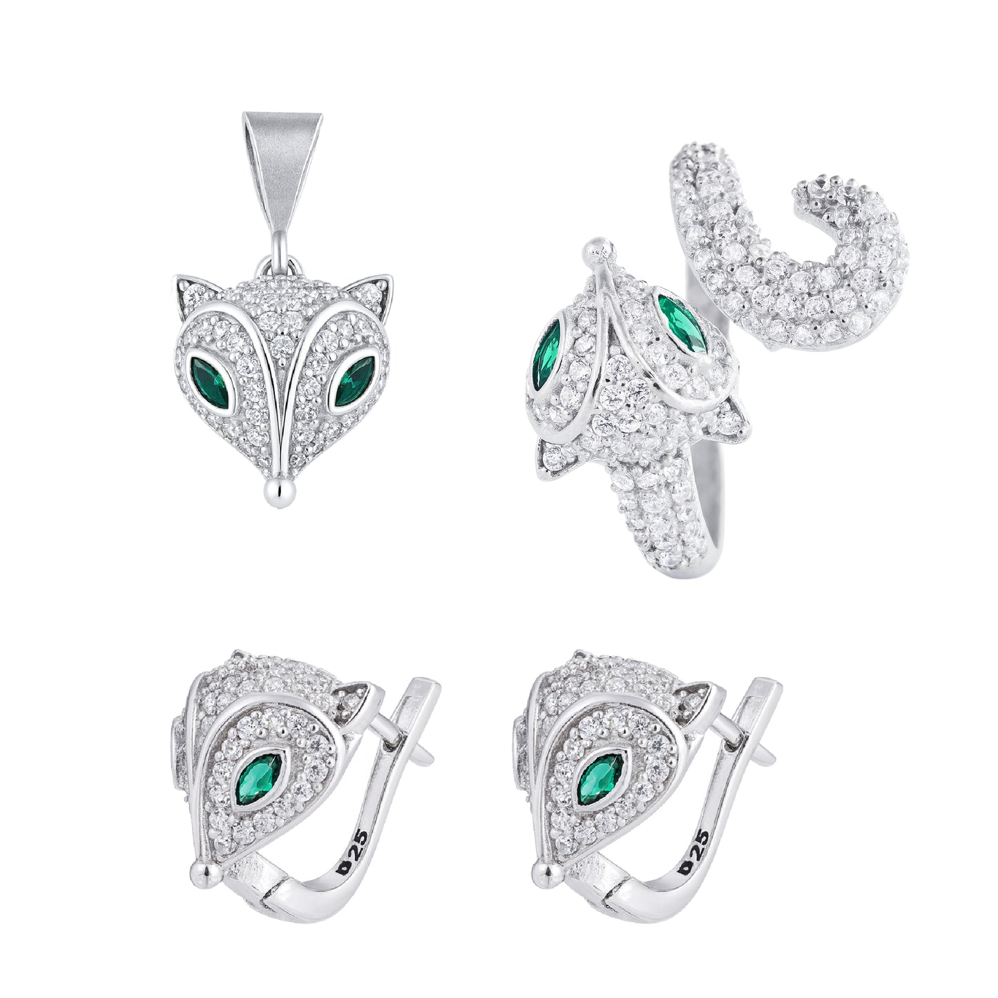 Fox Tail Pendant, Ring & Earrings with Green Eyes in 925 Silver