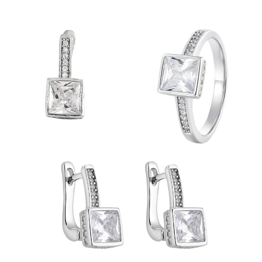 Cubic shape centre stone, Ring & Earrings in 925 Silver