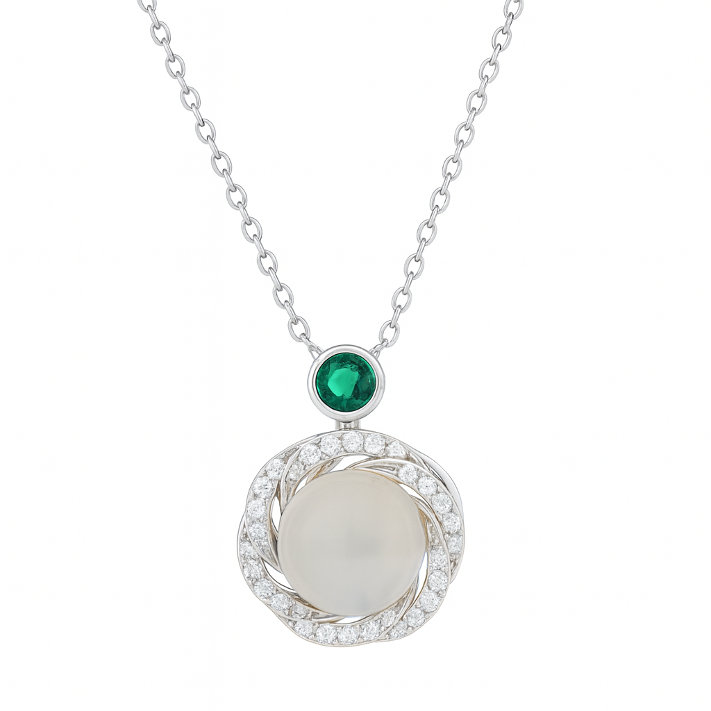 Green Stone & Pearl Round Pendant Necklace