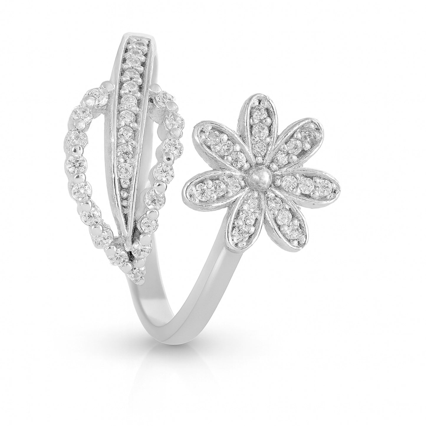 Leaf Flower silver with studded stones adjustable ring