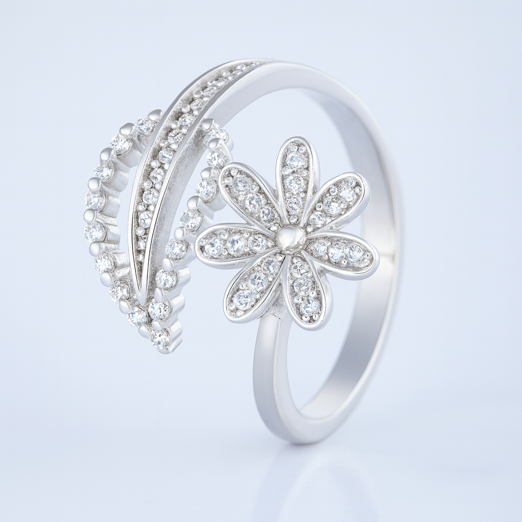 Leaf Flower silver with studded stones adjustable ring