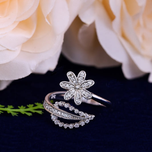 Leaf Flower silver with studded stones adjustable ring