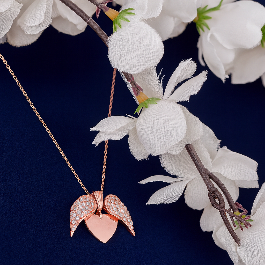 Rose Gold Heart Pendant with Openable Wings Necklace