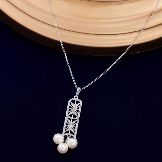 Triple Pearl Long Pendant Necklace