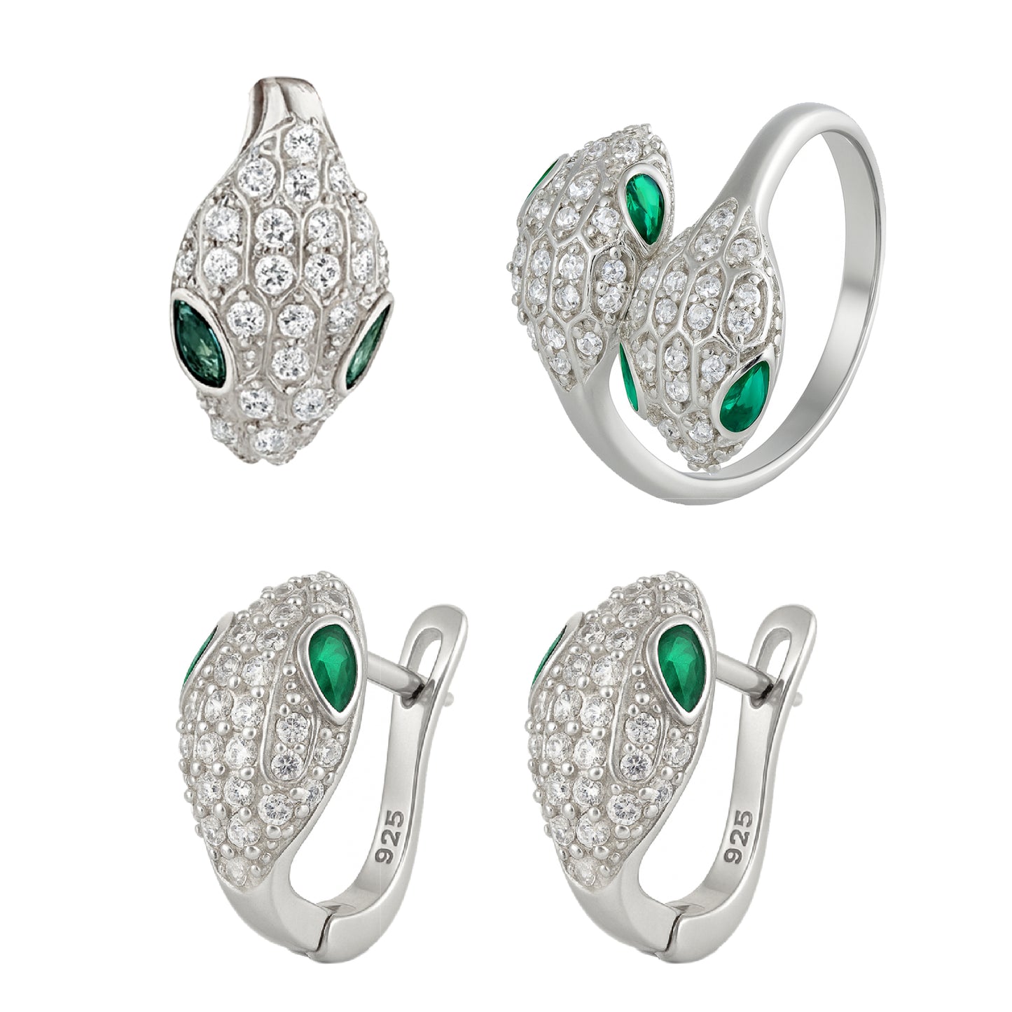 Emerald Serpent Set – Snake-Inspired Pendant, Ring & Earrings in 925 Silver