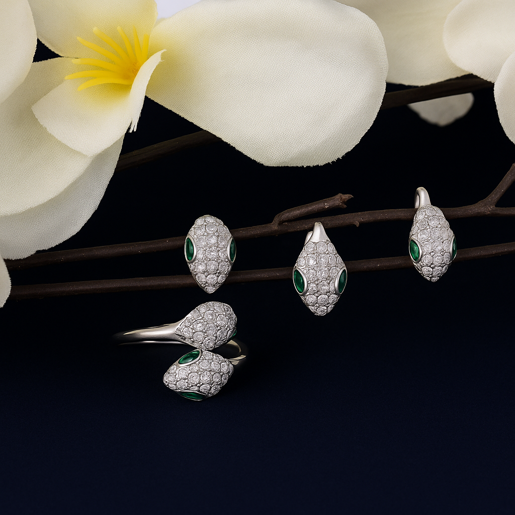 Emerald Serpent Set – Snake-Inspired Pendant, Ring & Earrings in 925 Silver