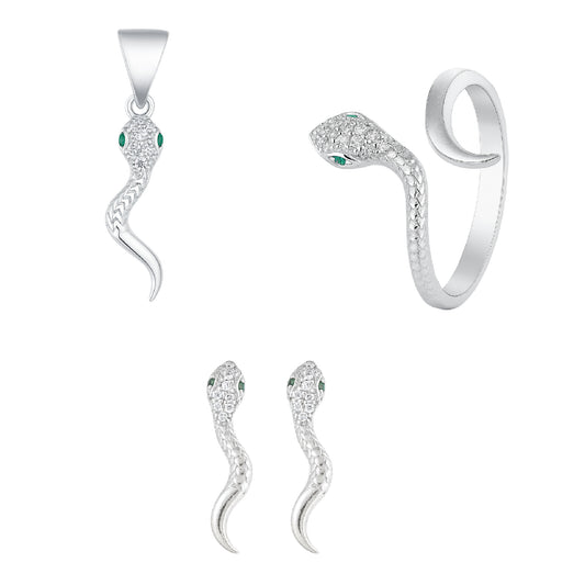 Serpent Charm Set – Snake-Inspired Pendant, Ring & Earrings in 925 Silver