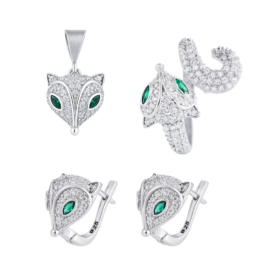 Fox Tail Pendant, Ring & Earrings with Green Eyes in 925 Silver