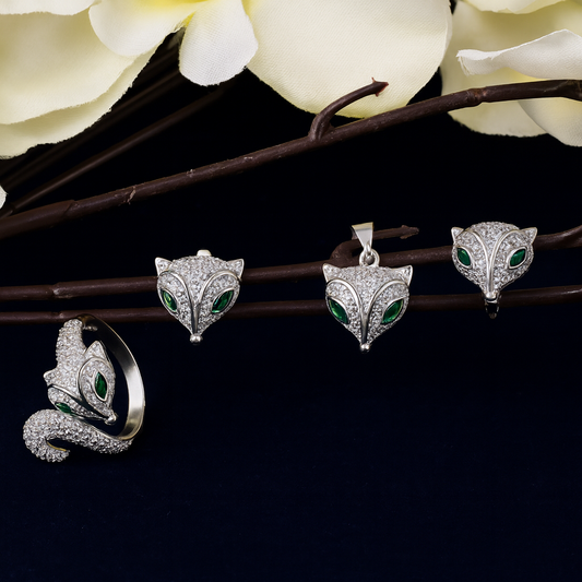 Fox Tail Pendant, Ring & Earrings with Green Eyes in 925 Silver