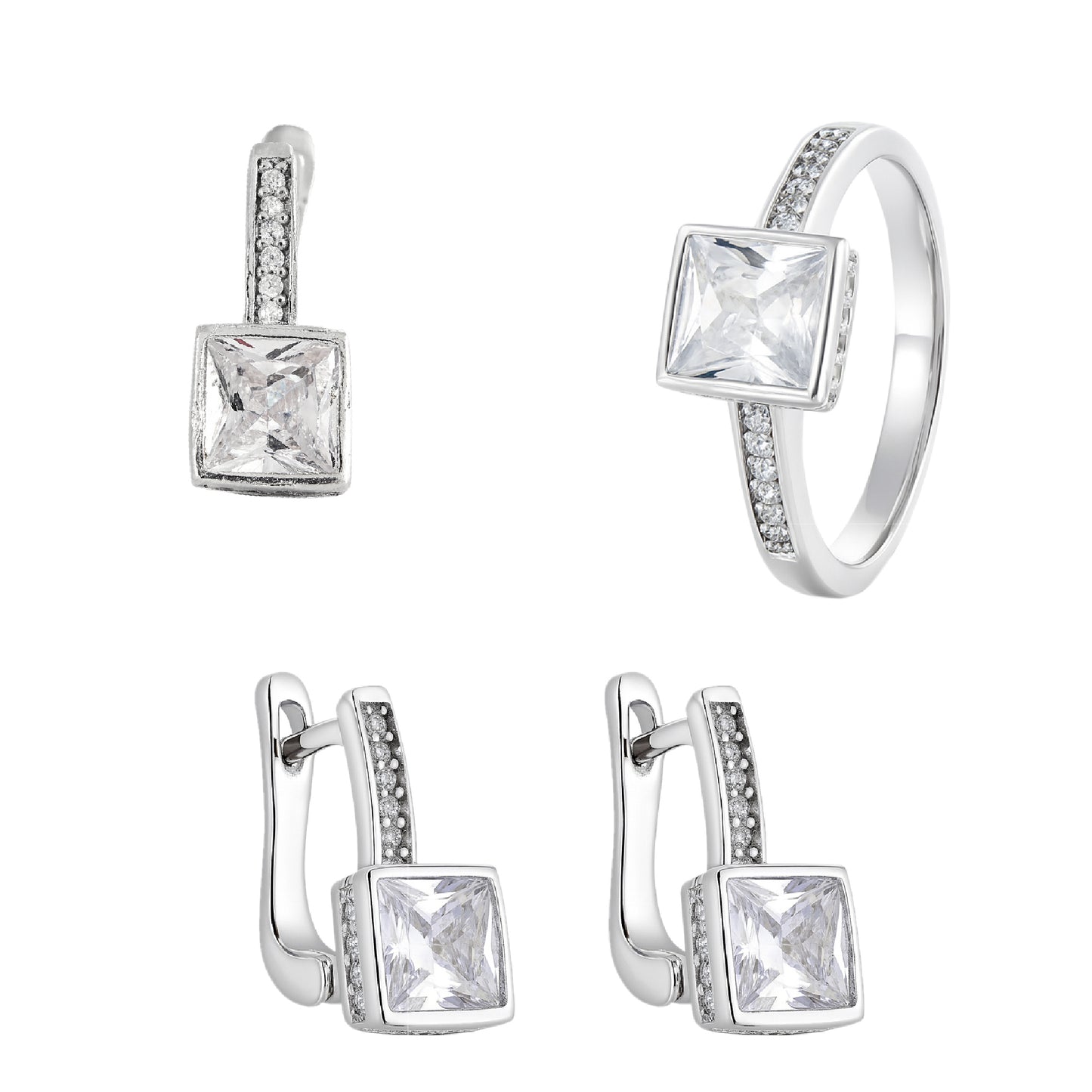 Square studded with centre stone Square Studded Pendant, Ring & Earrings in 925 Silver with Evil Eye Center