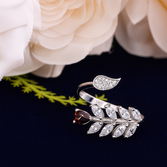 Flower & Leaf Adjustable Ring with Brown Drop