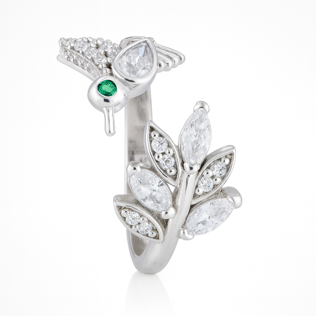Lovely bird leaf with the green stone eye adjustable ring