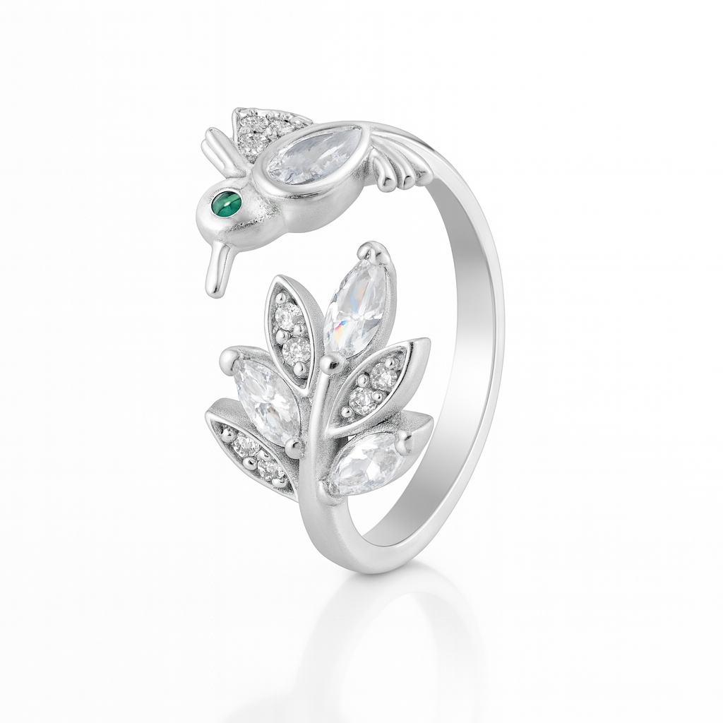 Lovely bird leaf with the green stone eye adjustable ring