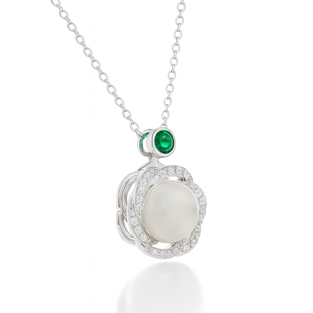 Green Stone & Pearl Round Pendant Necklace