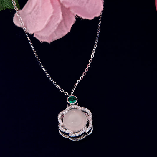 Green Stone & Pearl Round Pendant Necklace