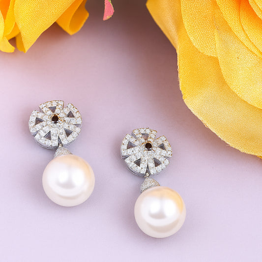 Flower with studded stone and  hanging pearl